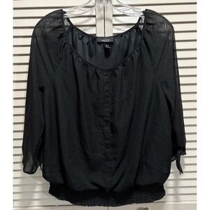 ALYX Black Chiffon Lined Blouse Size L Smocked 3/4 Wide Sleeves Faux Buttons